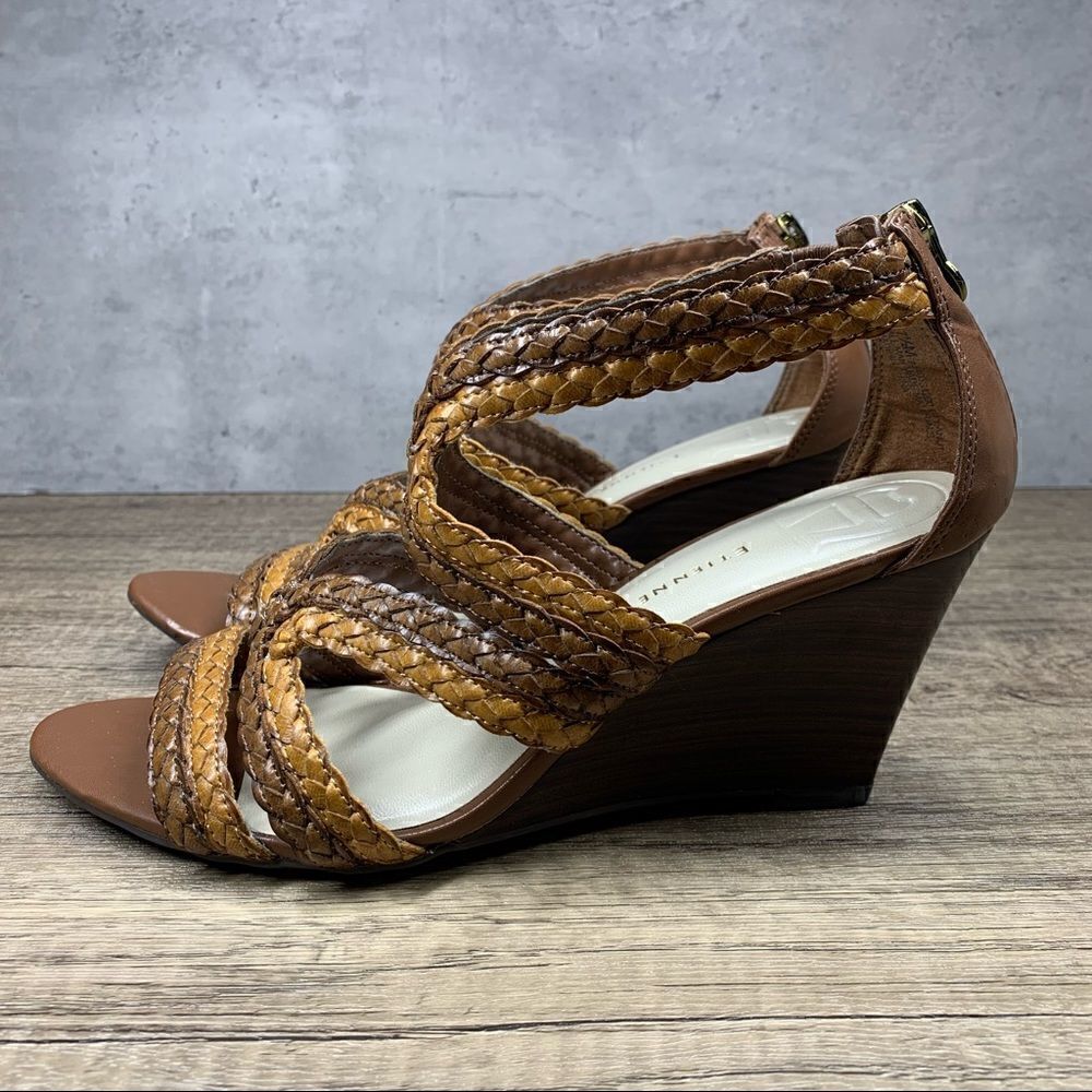 ETIENNE AIGNER E-Peanut Wedge Zip Up Strappy Sandals Shoes Brown Women's 7.5M